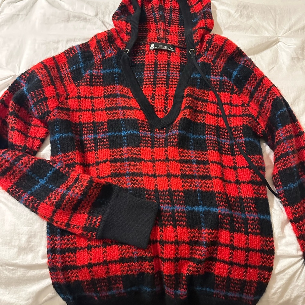 Burton Red and Black V-Neck Sweater Classic Plaid Design